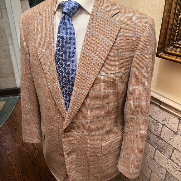 Custom Bespoke 100% Cashmere Windowpane Sport Coat Blazer Jacket Tan Men 42S - Picture 8 of 15